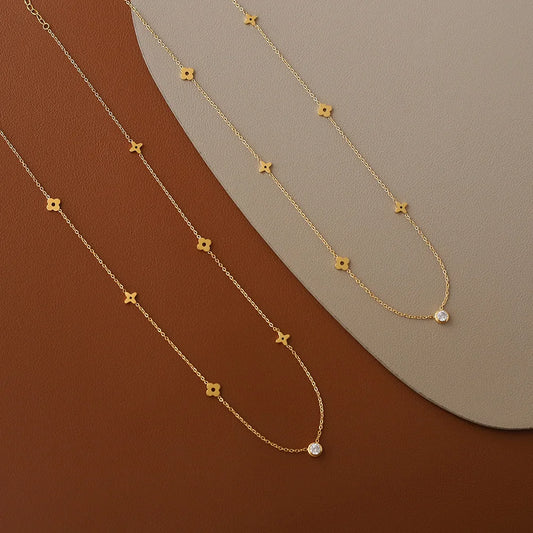  Waterproof Zircon Flower Necklace 18K gold-plated stainless steel and sparkling zircon