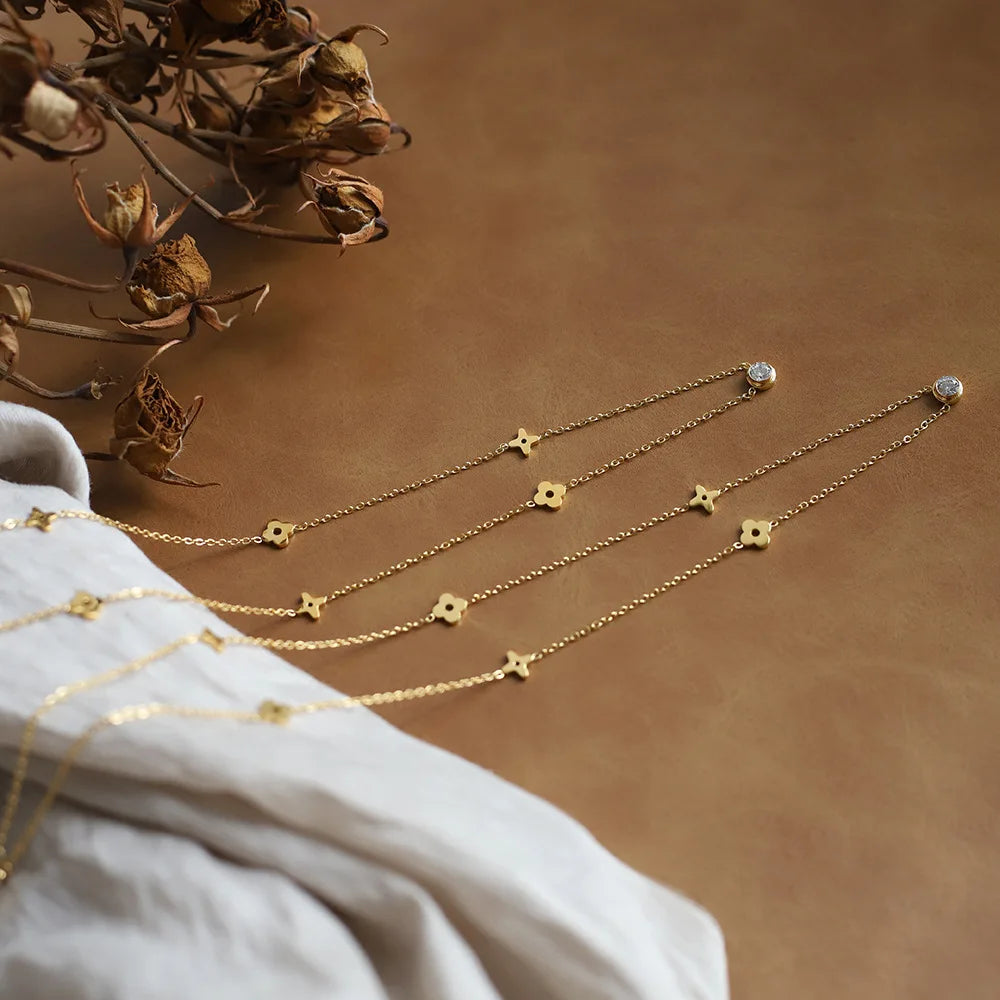 Waterproof Zircon Flower Necklace in 18K Gold-Plated Stainless Steel