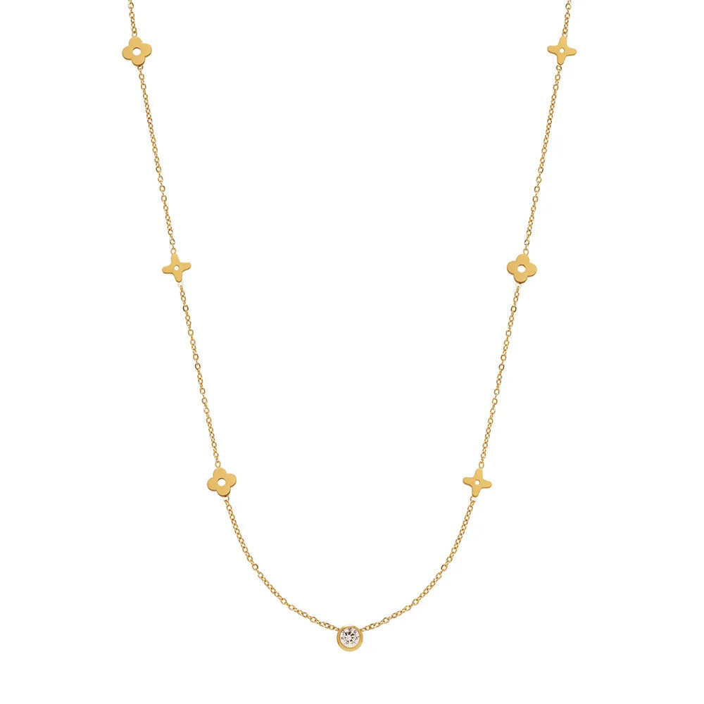 Waterproof Zircon Flower Necklace in 18K Gold-Plated Stainless Steel