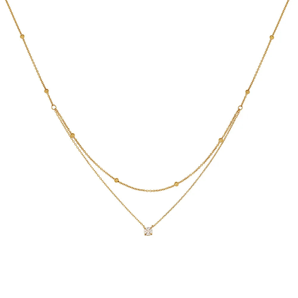 Waterproof Double Layer Zircon Pendant Necklace in 18K gold Plated Stainless Steel