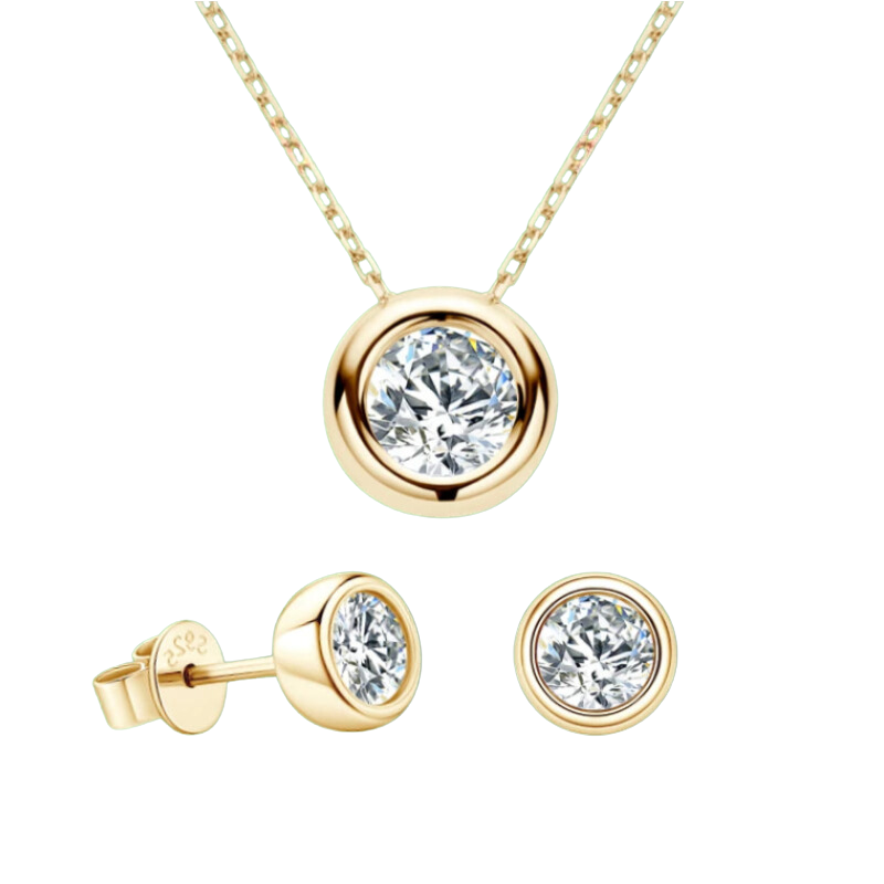 Bezel Solitaire Moissanite Jewelry Set in 18K Yellow Gold Plated Silver 