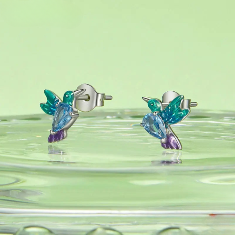 Flower Bird Ring and Earrings Set in Silver - The Symphony of Love