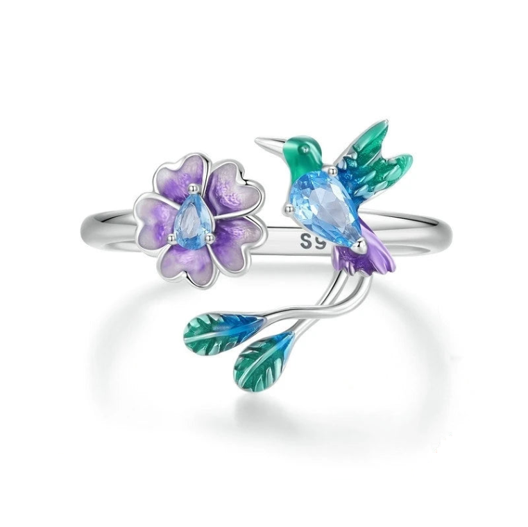 Flower Bird Ring and Earrings Set in Silver - The Symphony of Love