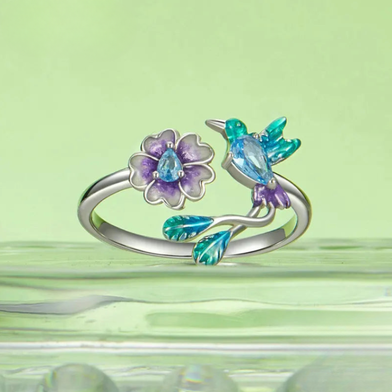 Flower Bird Ring and Earrings Set in Silver - The Symphony of Love