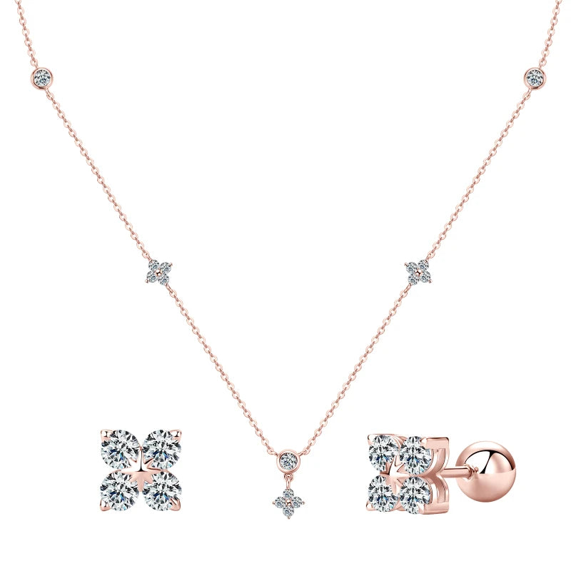 moissanite four leaf stud earrings necklace set in rose gold plated silver