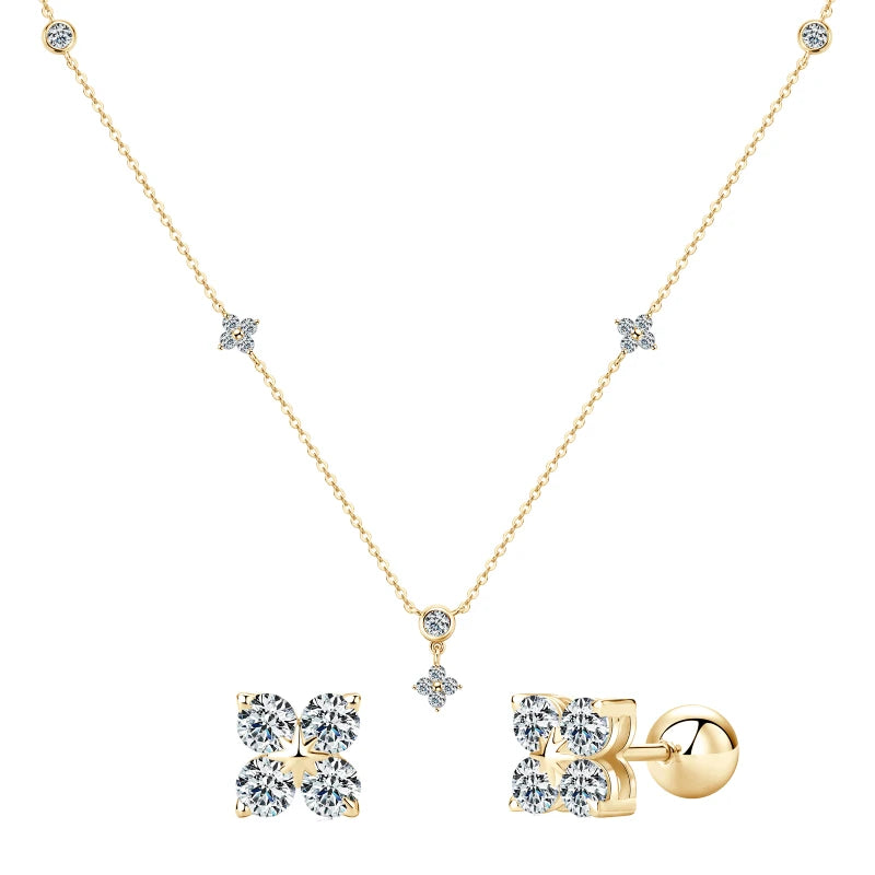 moissanite four leaf stud earrings necklace set in yellow gold plated silver