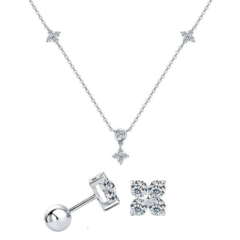 moissanite four leaf stud earrings necklace set in white gold plated silver