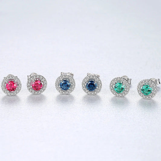 Round Stud Earrings in Sterling Silver / Mixed Color / Red Blue Green