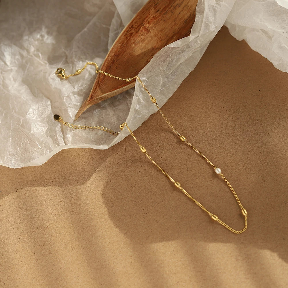 Waterproof Freshwater Pearl and Gold Bead Necklace