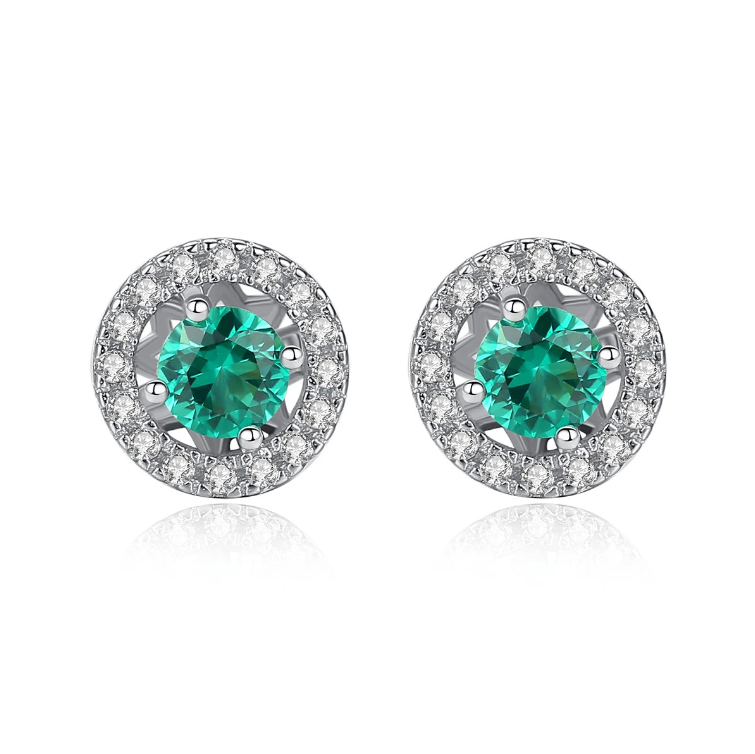Round Stud Earrings in Sterling Silver and Green Stone
