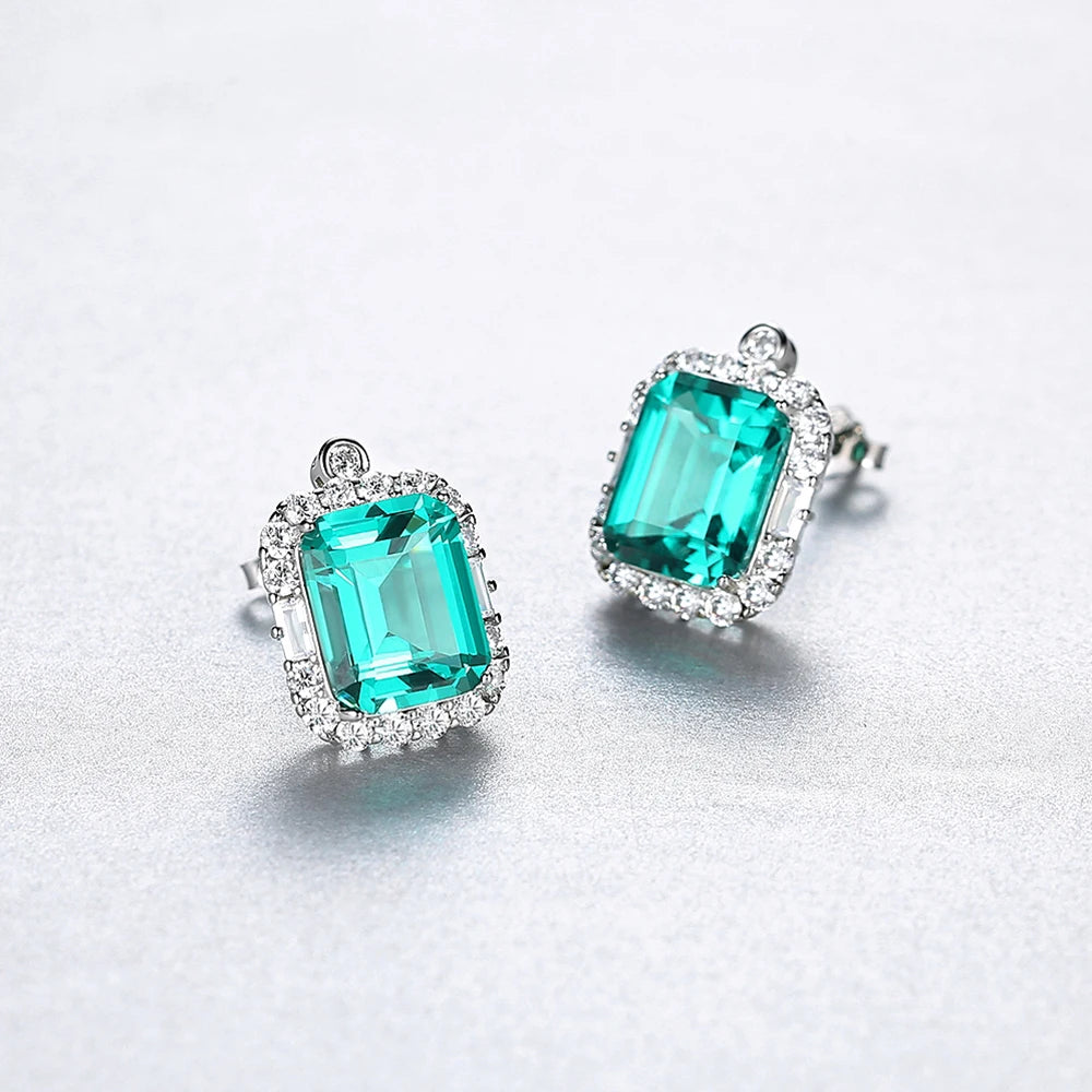 Square Emerald Stud Earrings in Sterling Silver- Love's Verdant Whisper