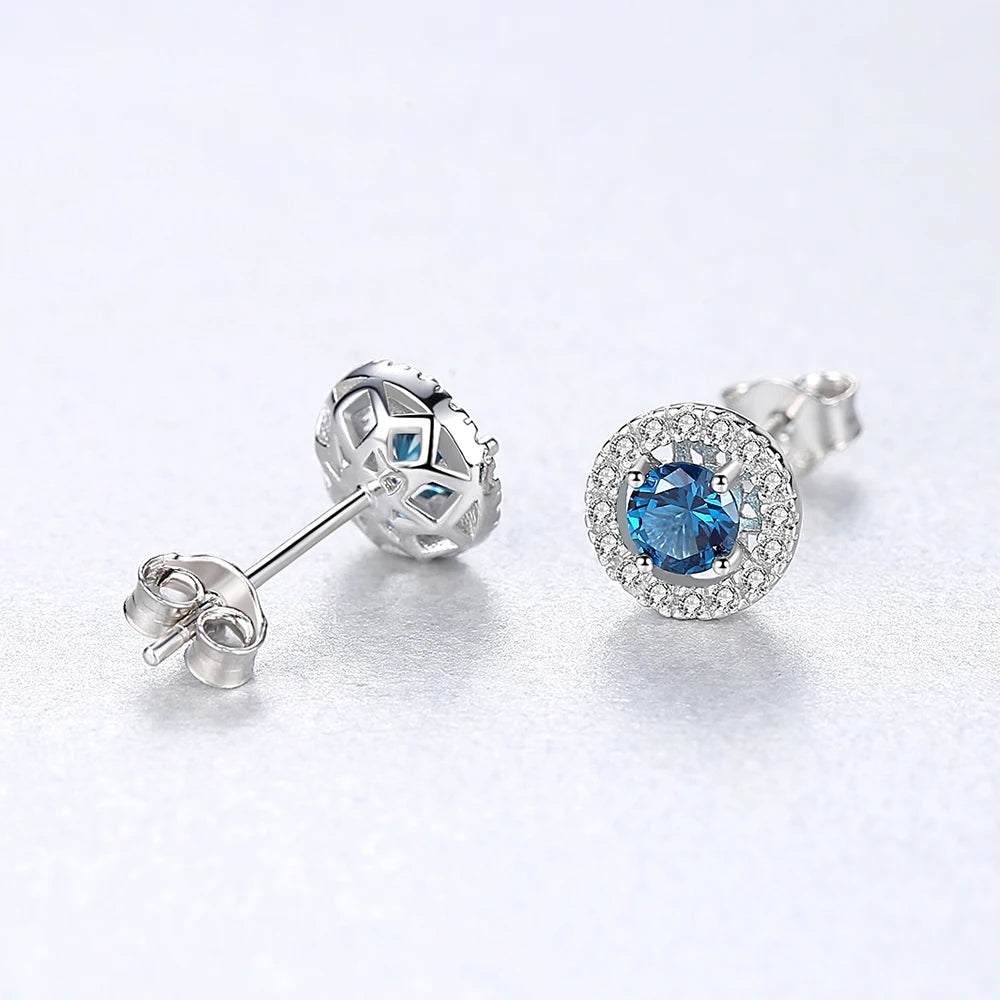 Round Stud Earrings in Sterling Silver and Blue Stone