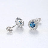 Round Stud Earrings in Sterling Silver and Blue Stone