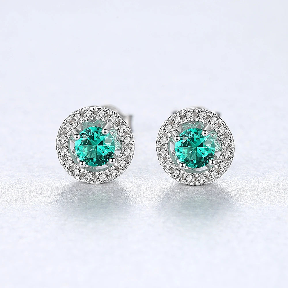 Round Stud Earrings in Sterling Silver and Green Stone