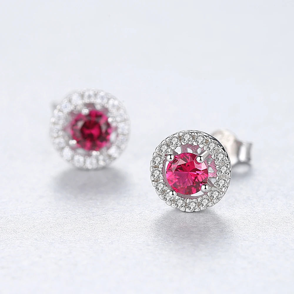 Round Stud Earrings in Sterling Silver and ed Stone