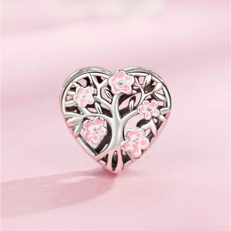 Pink Flowers heart Charm in Silver