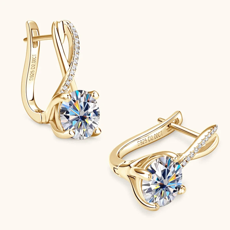 Moissanite Drop Hoop  Earrings in Yellow Gold Plated Silver