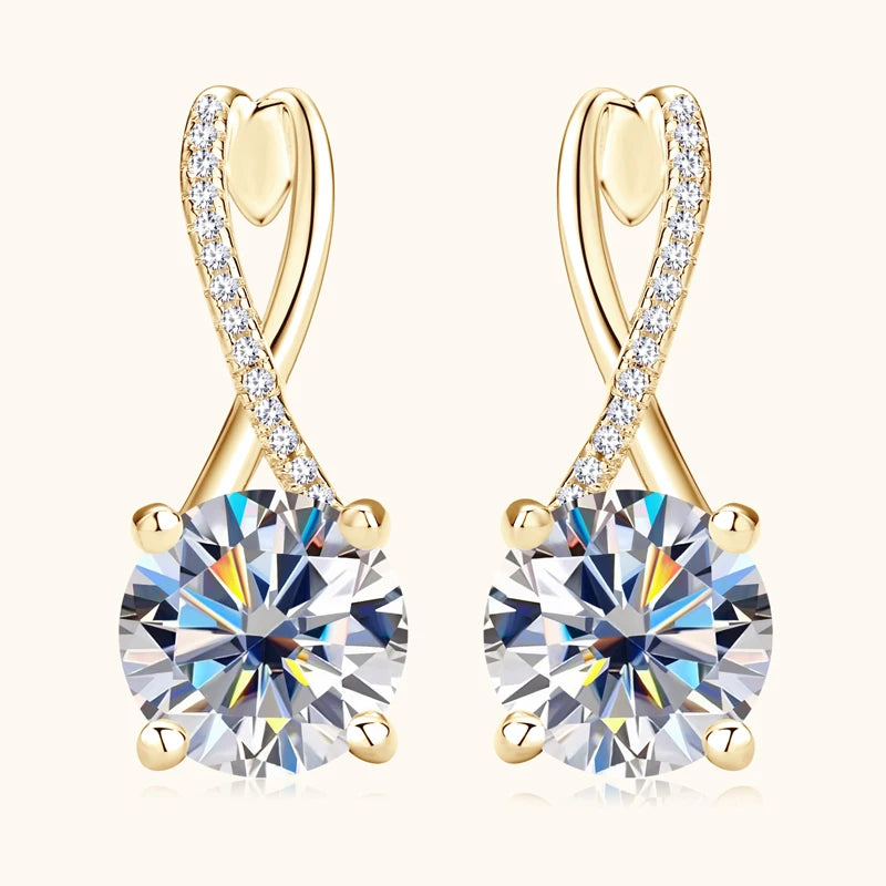 Moissanite Drop Hoop  Earrings in Yellow Gold Plated Silver