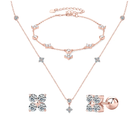 moissanite four leaf earrings bracelet necklace set in rose gold plated silver