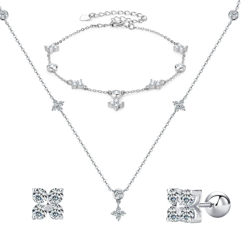 moissanite four leaf earrings bracelet necklace set in white gold plated silver