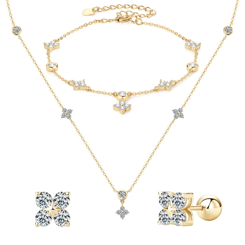 moissanite four leaf earrings bracelet necklace set in yellow gold plated silver