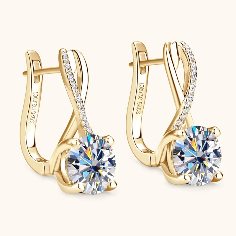 Moissanite Drop Hoop  Earrings in Yellow Gold Plated Silver