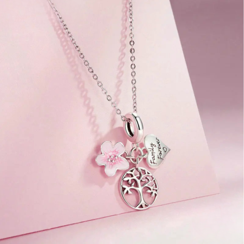 Tree of Life and Pink Flower necklace Charm in Silver