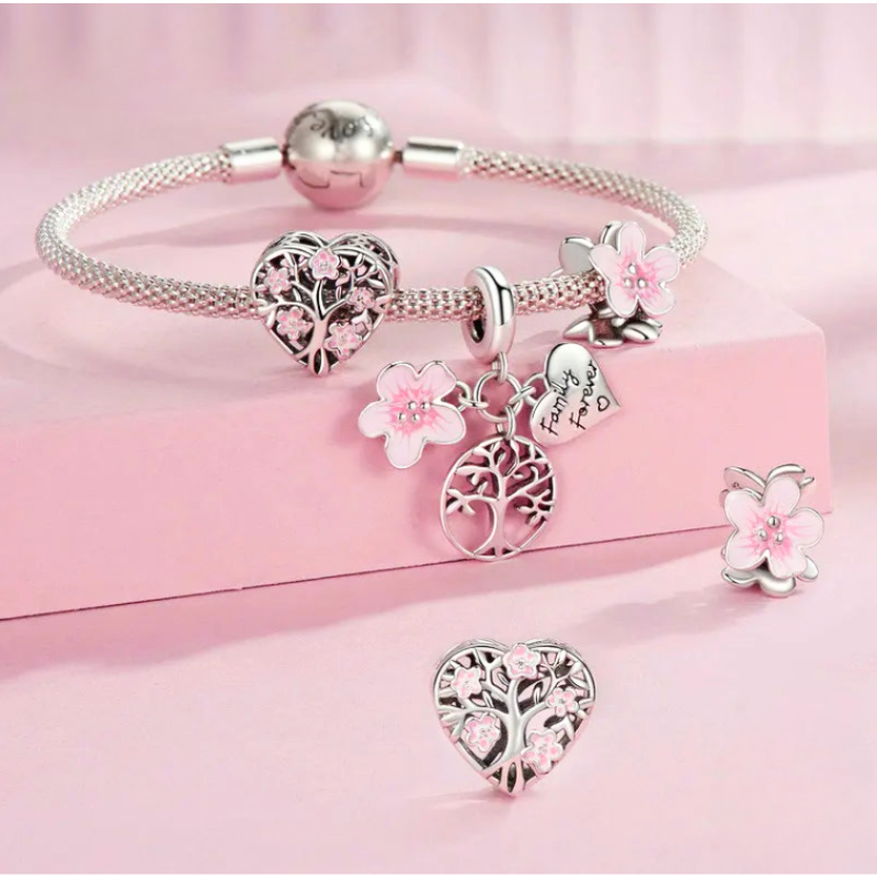 Tree of Life and Pink Flower Charms in Silver