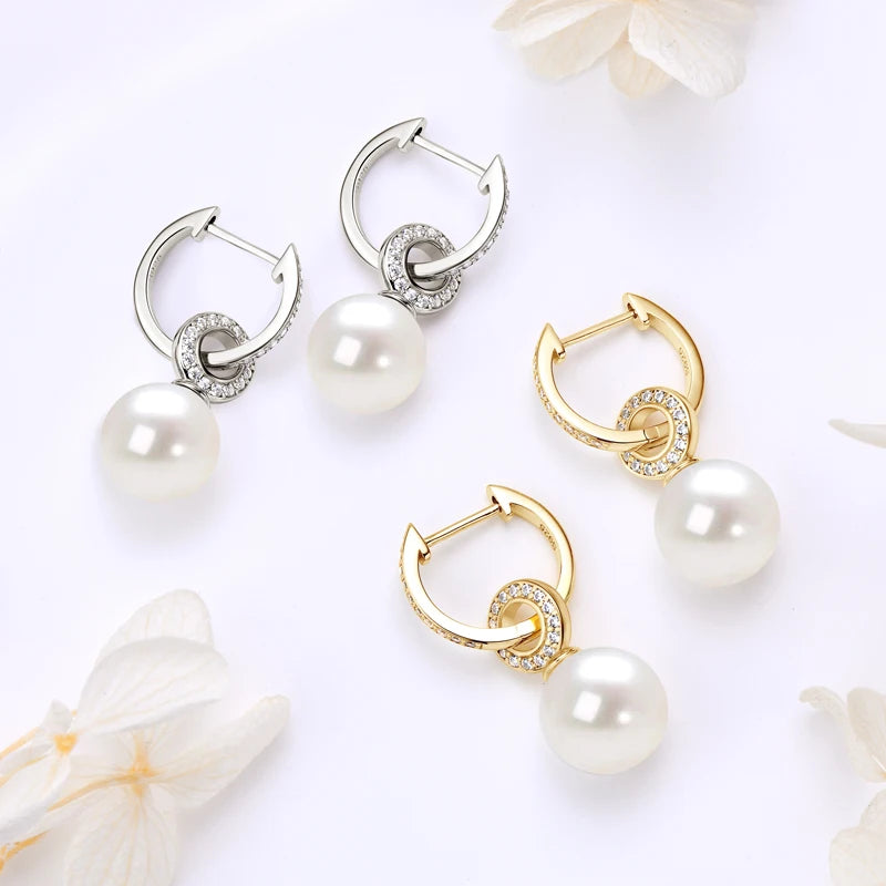 sterling silver pearl drop earrings with clear stones all over in yellow and white gold plating options