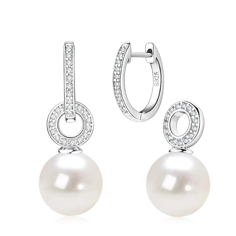 sterling silver pearl drop earrings with clear stones all over in white gold plating