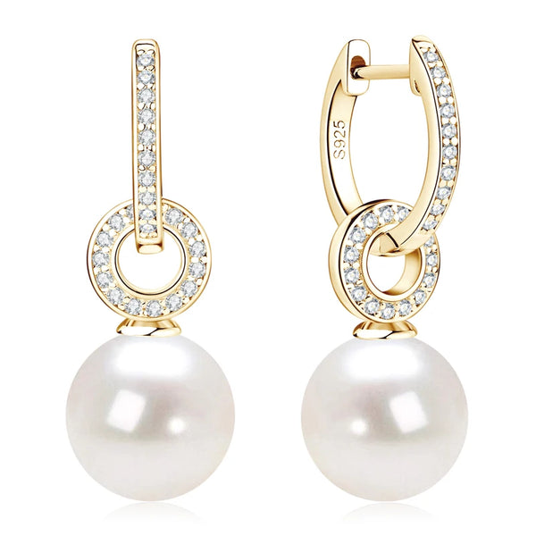 sterling silver pearl drop earrings with clear stones all over in yellow gold plating