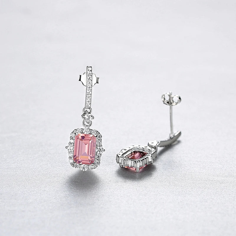 25 x 9.3mm sterling silver square Pink Morganite and clear stones Drop Earrings