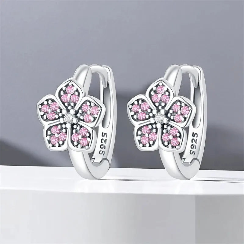 Pink Flower Hoop Earring in Silver - Nature's Delicate Embrace