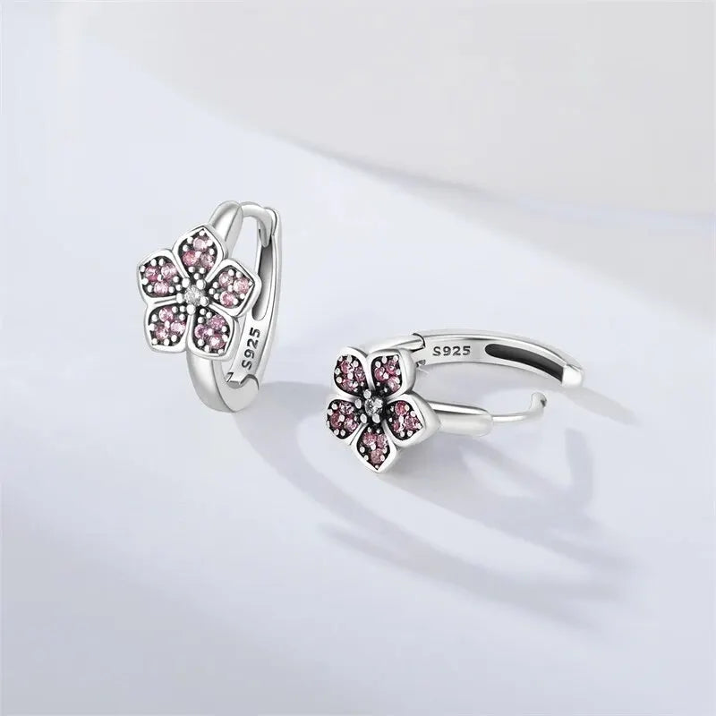 Pink Flower Hoop Earring in Silver - Nature's Delicate Embrace