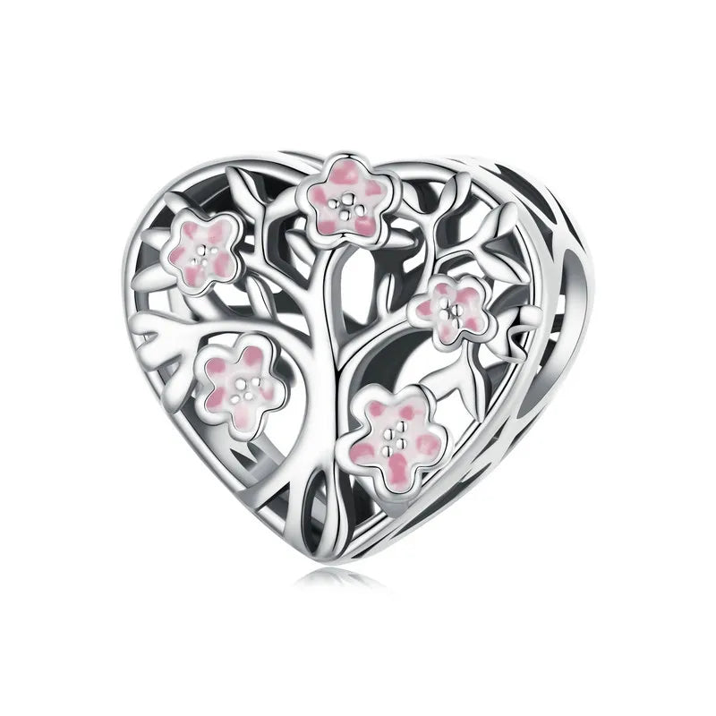  Pink Flowers heart Charm in Silver