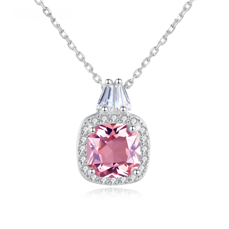 Pink Crystal Pendant Necklace in Sterling Silver 