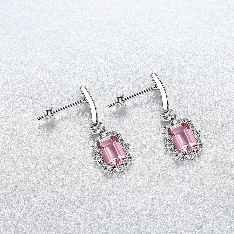 25 x 9.3mm sterling silver square Pink Morganite and clear stones Drop Earrings