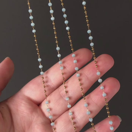 Waterproof Light Blue Bead Necklace in 18K Gold Plated Stainless steel