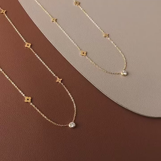 Waterproof Zircon Flower Necklace in 18K Gold-Plated Stainless Steel