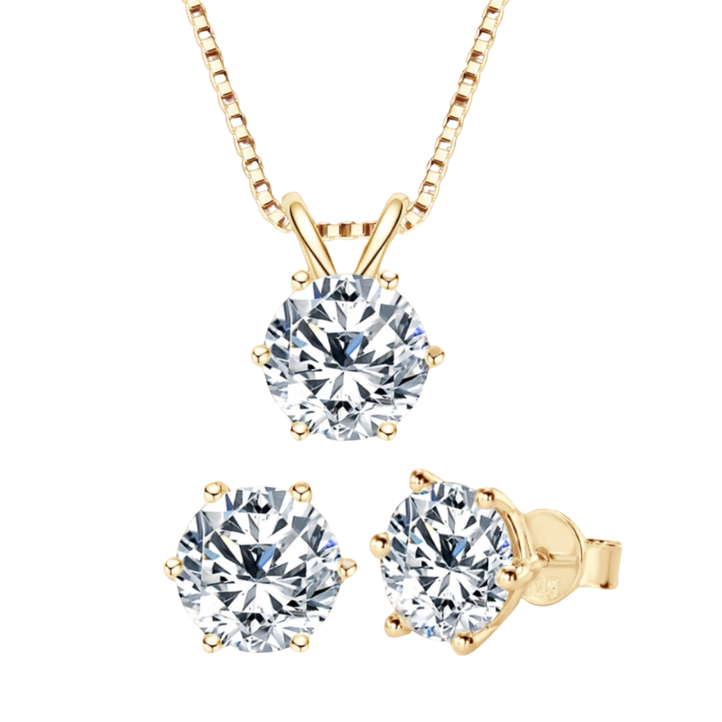 solitaire moissanite earring necklace set in yellow gold plated silver