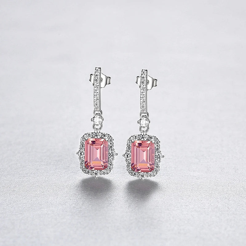 25 x 9.3mm sterling silver square Pink Morganite and clear stones Drop Earrings