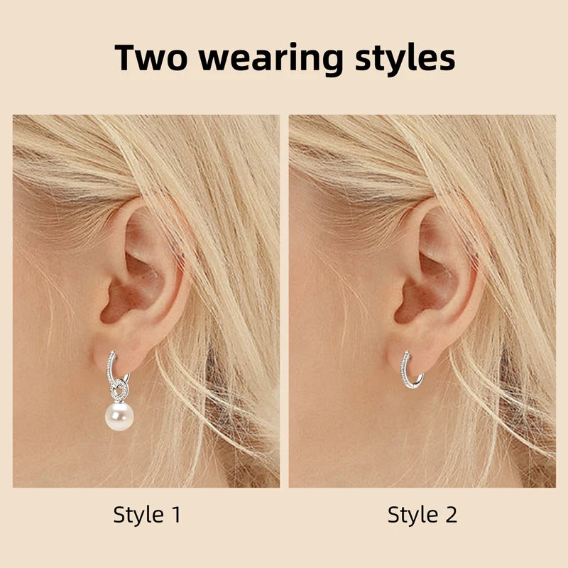 two styles of wearing sterling silver pearl drop earrings with clear stones all over it