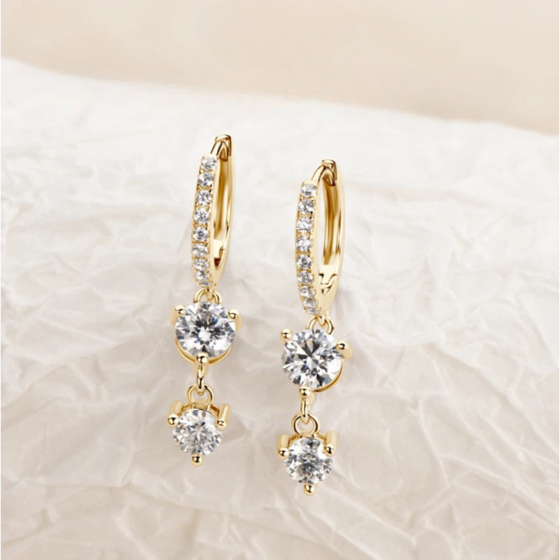 Moissanite Drop Earrings in Gold Plated Silver - Cascading Elegance