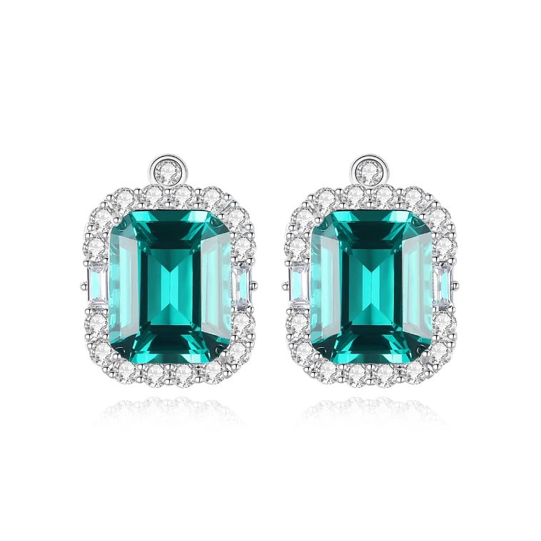 Square Emerald Stud Earrings in Sterling Silver- Love's Verdant Whisper