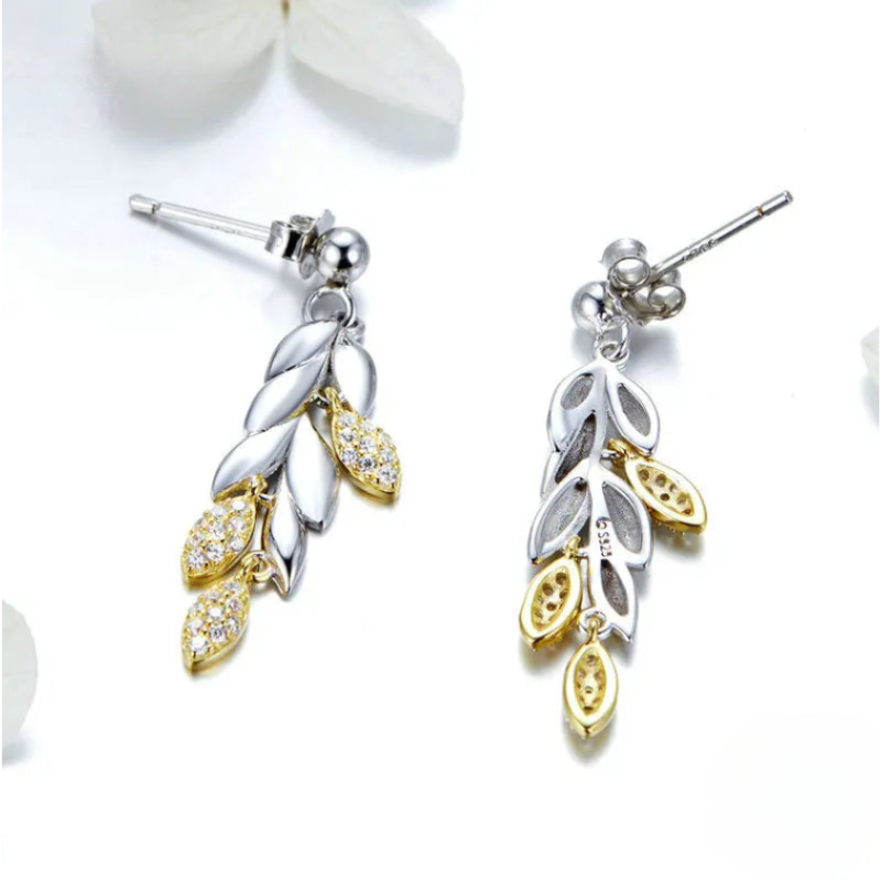 sterling silver wheat leaves drop earrings in mixed gold and white colours and crafted clear stones