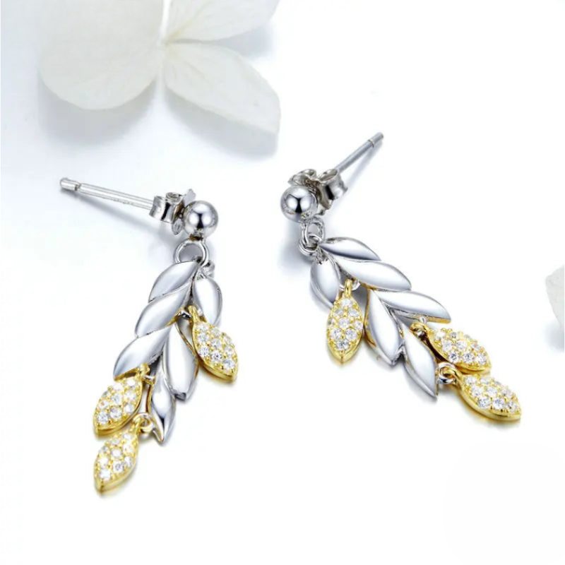 sterling silver wheat leaves drop earrings in mixed gold and white colours and crafted clear stones