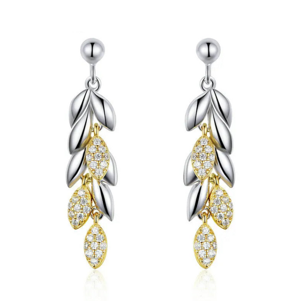 sterling silver wheat leaves drop earrings in mixed gold and white colours and crafted clear stones