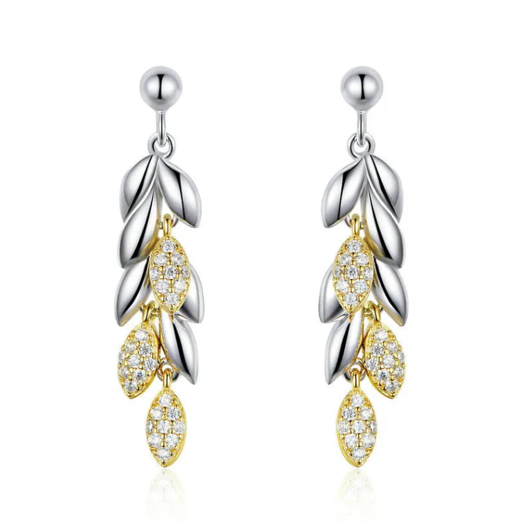 sterling silver wheat leaves drop earrings in mixed gold and white colours and crafted clear stones